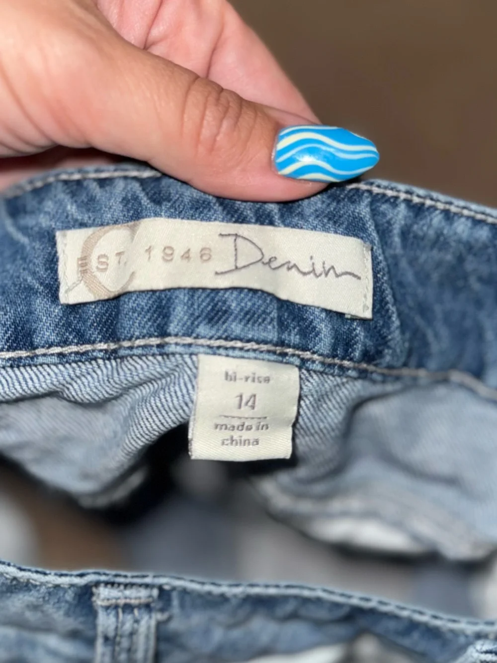 Two-Tone Distressed Jean Shorts in Blue & White - Picture 6 of 6